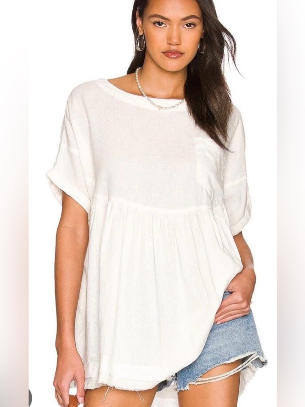 We The Free Blouse Women M White Linen Blend Moon City Babydoll Tunic Top Fringe